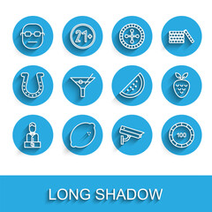 Set line Casino dealer, slot machine with lemon, Poker player, Security camera, chips, Martini glass, strawberry and watermelon icon. Vector