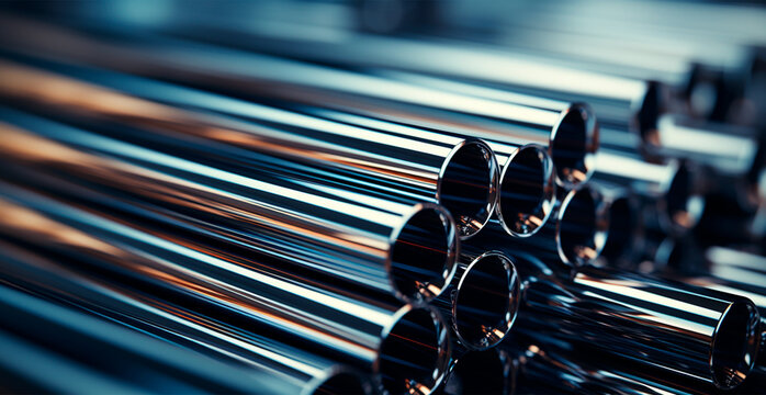 High quality galvanized steel pipe or aluminum and chrome stainless steel pipes in stack - AI generated image