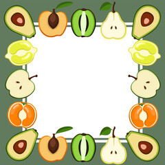 Fruit frame for post with empty space for text in circle on light green, white background