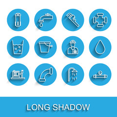 Set line Electric water pump, Industry metallic pipe, Water filter, Shower, and manometer, Bucket, drop and Plumber icon. Vector
