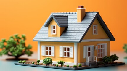 Toy house on orange background. Generative AI.