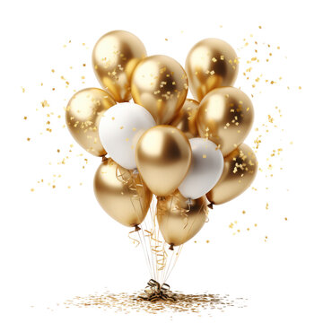 Bouquet, bunch of realistic transparent, golden ballons and gold ribbons, serpentine, confetti. Vector illustration for card, party, design, flyer, poster, decor, banner, web, advertising