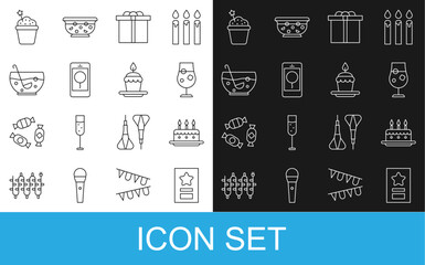 Set line Greeting card, Cake with burning candles, Cocktail alcohol drink, Gift box, Mobile birthday message, Mixed punch bowl, and icon. Vector