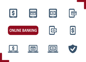 Online Banking Icons. Internet Banking, Online Shopping, E-commerce, Mobile Phone, Computer Icon