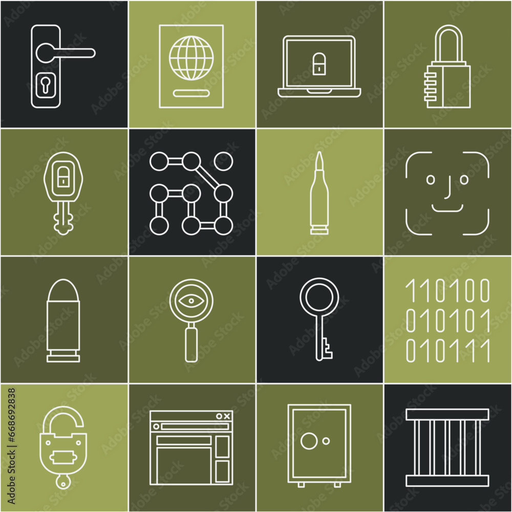 Poster set line prison window, binary code, face recognition, laptop and lock, graphic password protection,
