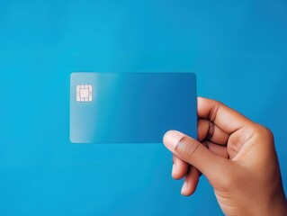 Male hand holding a blue bank card on a blue background AI