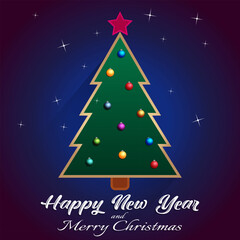 Merry Christmas and Happy New Year, Christmas card. Merry Christmas lettering with fir tree, vector illustration