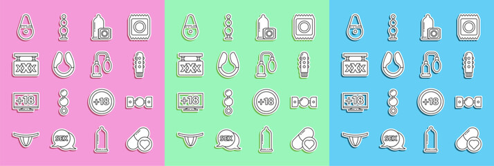 Set line Pills for potency, aphrodisiac, Silicone ball gag with belt, Dildo vibrator, Condom, Sex shop, and Penis pump icon. Vector