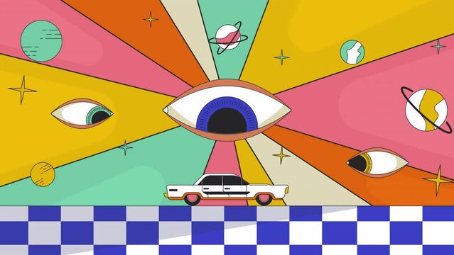 Trippy eyes watching over car riding line 2D animation. Psychedelic road trip 60s 4K video motion graphic. Cosmic planets, groovy retro roadtrip hippie festival linear animated cartoon flat concept