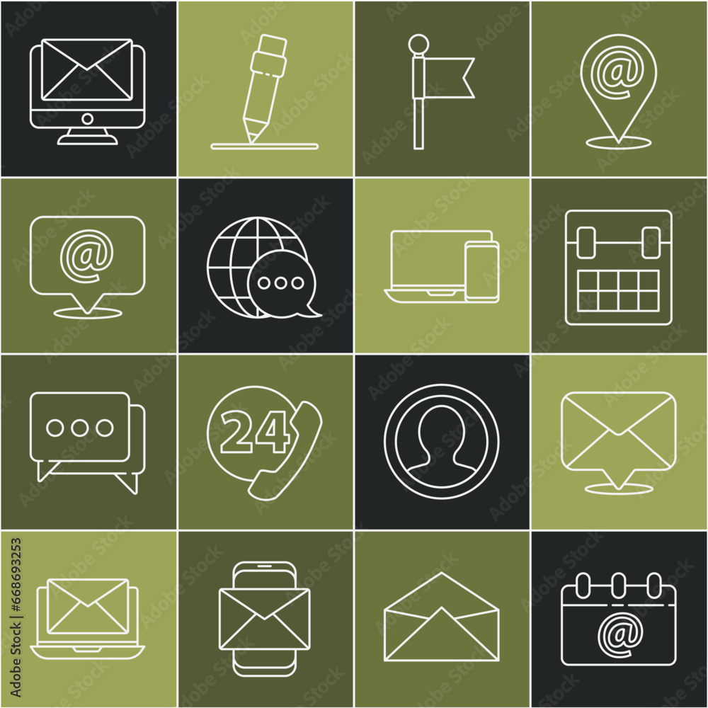 Poster set line calendar with email, envelope, location marker, world map made from speech bubble, mail and
