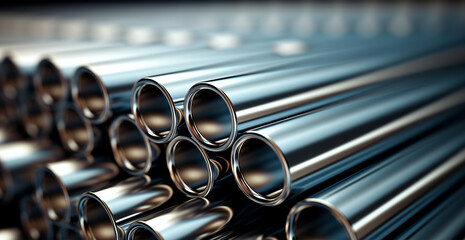 High quality galvanized steel pipe or aluminum and chrome stainless steel pipes in stack - AI generated image - obrazy, fototapety, plakaty