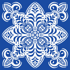 Pattern blue and white. Winter decor, snowflakes,christmas decor. Seamless pattern tile with Victorian motives.Ceramic tile in talavera style. Ornamental blue and white patterns for any decor.