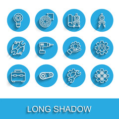 Set line Toolbox, Timing belt kit, Light bulb and gear, Wrench spanner, Processor, Electric drill machine, and Settings the hand icon. Vector