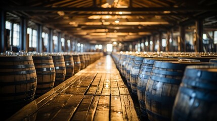 Whiskey bourbon scotch barrels in an aging facility. Generative AI.
