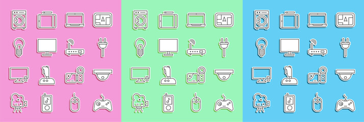 Set line Gamepad, Motion sensor, Electric plug, Laptop, Computer monitor screen, Light bulb with concept of idea, Washer and Router and wi-fi signal icon. Vector