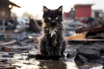 Alone, wet, dirty and hungry domestic cat after disaster on the background of house rubble. Neural network generated image. Not based on any actual scene.