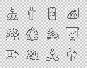 Set line Team leader, Hand like, Speech bubble chat, Hierarchy organogram chart, Project team base, and Chalkboard with diagram icon. Vector