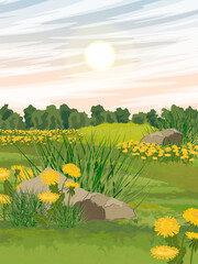 Green summer meadow with yellow dandelions. Realistic vector vertical landscape