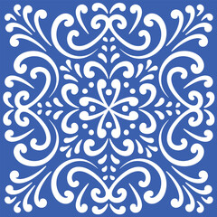 Pattern blue and white. Winter decor, snowflakes,christmas decor. Seamless pattern tile with Victorian motives.Ceramic tile in talavera style. Ornamental blue and white patterns for any decor.