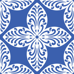 Pattern blue and white. Winter decor, snowflakes,christmas decor. Seamless pattern tile with Victorian motives.Ceramic tile in talavera style. Ornamental blue and white patterns for any decor.