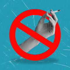 Contemporary pop art-style artistic collage. A female hand with a cigarette is isolated on a blue...