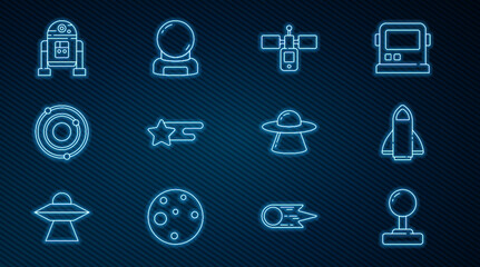 Set line Joystick, Rocket ship, Satellite, Falling star, Solar system, Robot, UFO flying spaceship and Astronaut helmet icon. Vector