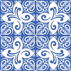Pattern blue and white. Winter decor, snowflakes,christmas decor. Seamless pattern tile with Victorian motives.Ceramic tile in talavera style. Ornamental blue and white patterns for any decor.
