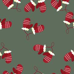 Seamless pattern. Red knitted mittens with fur. Christmas illustration. High quality vector illustration.