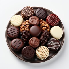 Close - up photo of Delicious chocolate arrangement on round plate, top view.