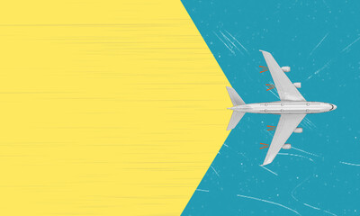 Modern art collage featuring a flying airplane and yellow background with space for text.