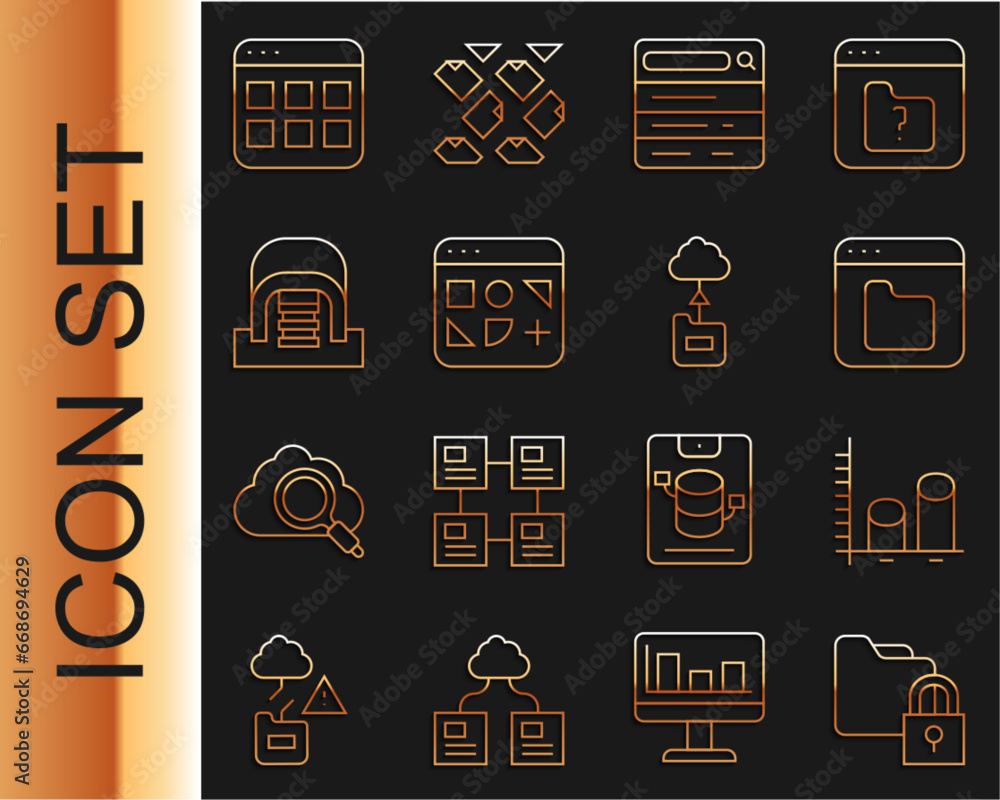 Poster set line folder and lock, data analysis, browser files, search engine, different, hangar with server
