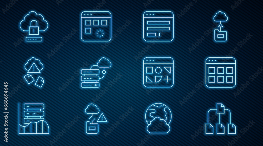 Poster set line folder tree, browser files, window, network cloud connection, cloud hacking, computing lock