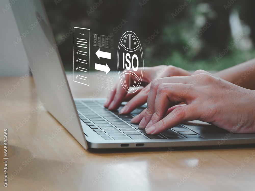 Poster exchange of documents or iso data files, online verification in business standard quality certificat