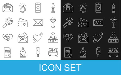 Set line Romantic in bathroom, Couple love, Martini glass, Mobile with heart, Love ticket, Search and, Greeting card and Envelope Valentine icon. Vector
