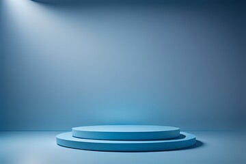 Blue cylinder podium pedestal product display platform with white color background
