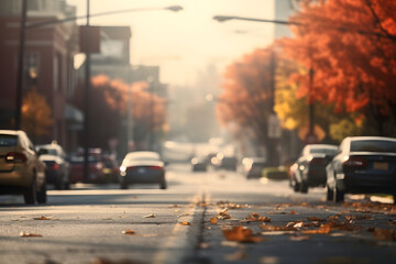 American downtown street view at autumn morning. Neural network generated image. Not based on any...
