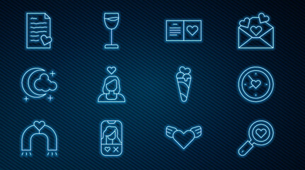 Set line Search heart and love, Clock with, Valentines day party flyer, Couple, Moon stars, Envelope, Ice cream waffle cone and Wine glass icon. Vector