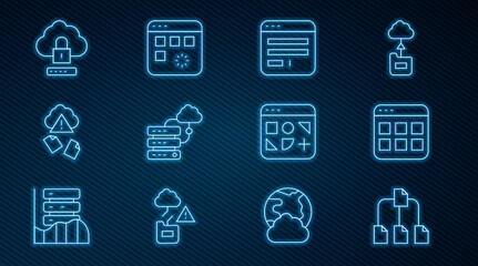 Set line Folder tree, Browser files, window, Network cloud connection, Cloud hacking, computing lock, Different and Loading data icon. Vector