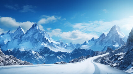 Obraz premium stockphoto, a breathtaking desktop wallpaper,a majestic snow-capped mountain range with a winding road leading up. Amazing view of a snowy alpine landscape during winter time. Wonderful natural landsc
