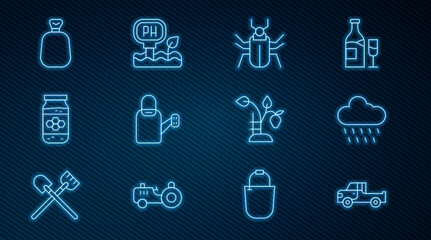 Set line Pickup truck, Cloud with rain, Insect fly, Watering can, Jar of honey, Full sack, Strawberry bush and Soil ph testing icon. Vector