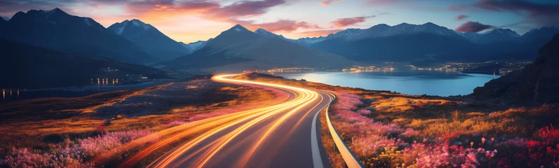 Foto op Canvas Panoramic view of the light trails in the highway in highlands. © LeManna