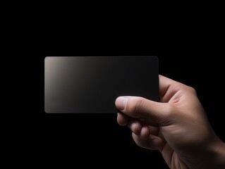 Male hand holding a black bank card on a black background AI