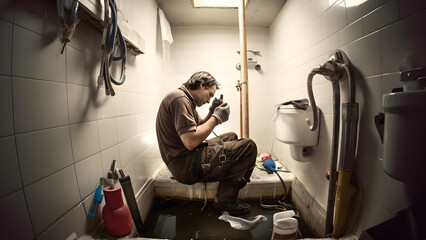 Plumber at work in a bathroom high resolution