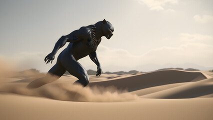Obraz na płótnie Canvas Black panther man running with sands