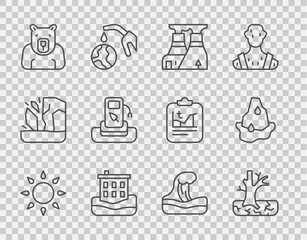 Set line Sun, Withered tree, Nuclear power plant, House flood, Polar bear head, Petrol or gas station, Tsunami and Glacier melting icon. Vector