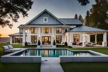 Fototapeta premium Beautiful modern farmhouse style luxury home exterior at twilight. Generative AI