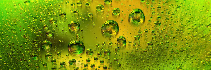 Drops of water banner. Abstract wet background. Colored macro texture of large and small drops....