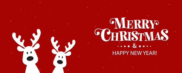 Cute Christmas reindeer on a red background. Christmas background, banner, or card. - obrazy, fototapety, plakaty