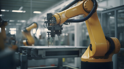 Blurred motion of robotic arm in factory on dark background