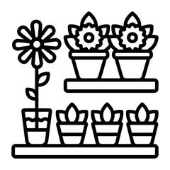 Florist shop front view vector outline icon design, Lawn and Gardening symbol, Farm and Plant sign, agriculture and horticulture equipment stock illustration, Flower Plant Rack Trolley Carts concept